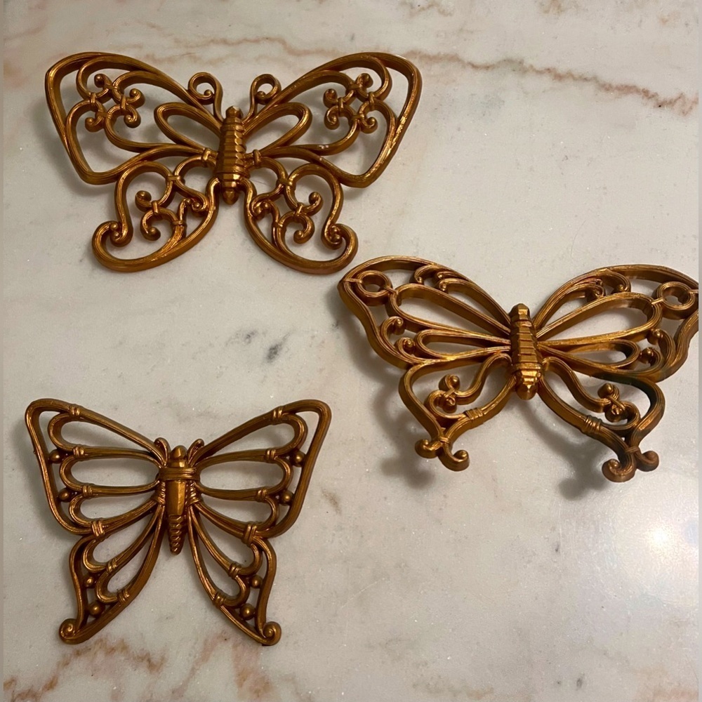 VTG MCM HOMCO 1970s Butterflies Set of 3 Faux Wood Wall Decor Kitchen Porch
